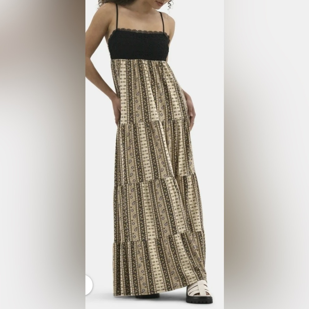 No Boundaries Black and Cream Tiered Maxi Dress